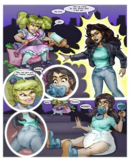 2girls abdl age_difference age_regression baby_bottle babydoll bag_of_money black_hair blonde_hair city_background diaper diaper_under_clothing duffel_bag english_text evil_grin evil_smile female gagged_speech jessica_jones jessica_jones_(series) laser marvel marvel_comics money netflix pacifier pacifier_in_mouth pink-diapers pink_dress rattle super_thick_diaper surprised_expression tagme text thick_diaper transformation