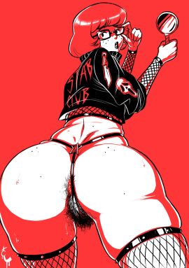 1girls anal_hair ass black_lipstick female female_only fishnet_stockings fishnet_topwear fishnets freckles glasses goth hairy_pussy hanna-barbera jacket looking_at_viewer looking_back looking_back_at_viewer mole mole_on_ass pubic_hair pussy rear_view red_background red_hair scooby-doo signature solo text thick_ass thick_thighs thigh_squish thong turtlechan velma_dinkley very_high_resolution