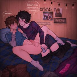 2boys anal_penetration byler clothed dildo gay lewd male mike_wheeler penis position stranger_things text will_byers yaoi
