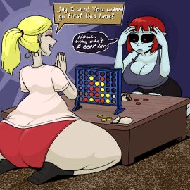 2girls agnes_(burgerkurger) ass ass_focus back_view billie_(burgerkurger) black_sclera blonde_hair blue_skin breasts burgerkurger cleavage comedy connect_four female funny huge_ass humor large_breasts long_hair red_eyes red_hair shirt short_hair shorts sitting socks speech_bubble table tagme tank_top text thick_thighs thighs tight_clothing vampire vampire_girl voluptuous wide_hips