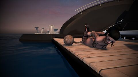 1girls 3d ball_and_chain bondage bound bound_ankles bound_wrists female hogtie malkonn nude nude_female original sunglasses