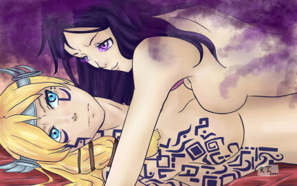 2girls big_breasts blonde_hair breasts european_mythology female freya_(smite) goddess hel_(smite) hi-rez_studios light-skinned_female light_skin mythology norse_mythology nude purple_hair raikumon smite tattoo yuri