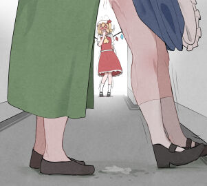 1futa 2girls being_watched bent_over blonde_hair blush caught_in_the_act clothed clothing cum cum_on_ground cum_on_legs female flandre_scarlet fully_clothed futanari green_dress hong_meiling human implied_futa implied_sex implied_sex_from_between_legs indoors intersex light-skinned_female light-skinned_futa light_skin lower_body lower_body_focus maid maid_uniform mata_(matasoup) mob_cap mostly_clothed red_dress red_eyes sakuya_izayoi sex shaking_legs skirt_lift standing standing_sex touhou trembling wings