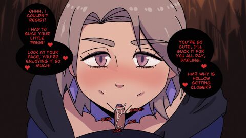 1boy 1girls artificial_blood blowjob blush dark-skinned_male dark_skin dialogue eadric_(artificial_blood) english_text fellatio female grey_hair hasselnut heart hi_res isolde_(artificial_blood) looking_at_viewer male open_mouth oral penis purple_eyes purple_lipstick small_penis small_penis_adoration smile smiling_at_viewer speech_bubble wolfgang_bang