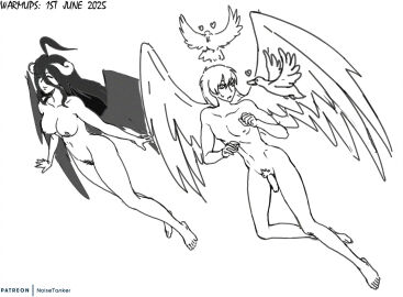 albedo_(overlord) ass breasts cardcaptor_sakura female flying male noisetanker nude overlord_(maruyama) penis pubic_hair pussy yukito_tsukishiro