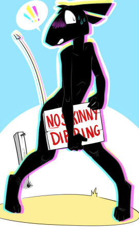 1boy anthro beach black_body blush cay_(toxoglossa) covering embarrassed furry male nude set_(species) sign simple_background tagme toxoglossa