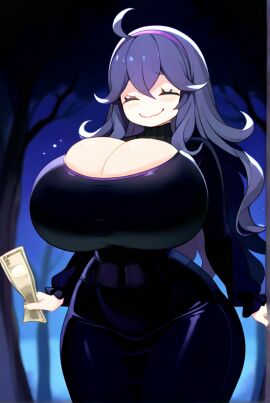 ai_generated closed_eyes creepy female hex_maniac huge_breasts long_hair pokemon purple_hair tight_clothes tight_clothing