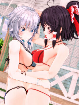 2022 2girls 3d bikini blue_bowtie blue_eyes breasts clavicle duo_female embodiment_of_scarlet_devil female hairpin height_difference human light-skinned_female light_skin mmd neckwear outdoors red_bikini red_bow red_ribbon reimu_hakurei sakuya_izayoi swimsuit touching_breasts touhou white-haired_female white_hair yabuinu_mmder