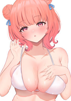 1girls :o amatsuki_eri bare_shoulders bikini blue_ribbon blush blush_lines breasts collarbone deep_skin dot_nose double_bun eyebrows eyebrows_visible_through_hair eyelashes eyelashes_visible_through_hair female fingernails grabbing_own_breast hair_bun hair_ribbon huge_breasts looking_at_viewer medium_hair nails open_mouth pink_eyes pink_hair ribbon simple_background solo solo_female swimsuit twin_buns upper_body virtual_youtuber vspo! wet white_background white_bikini yumeno_akari