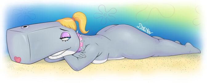 1girls anthro arms_crossed ass balstev big_ass blonde_hair blue_eyes breasts cetacean collar eyelashes female female_only furry furry_female furry_only grin hair looking_back lying_on_stomach mammal marine mature mature_anthro mature_female nickelodeon nude nude_anthro nude_female pearl_krabs pink_collar ponytail sand smiling sperm_whale spiked_collar spongebob_squarepants teeth voluptuous voluptuous_female whale