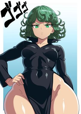 1girls absurd_res bangs black_dress blue_background blush breasts child_bearing_hips closed_mouth clothing collarbone collared_dress covered_navel curly_hair curvaceous dress female female_only flipped_hair from_below frown glaring green_eyes green_hair groin hand_on_hip hand_on_own_hip hi_res highres hips large_breasts long_sleeves looking_at_viewer looking_down medium_breasts medium_hair menacing_(jojo) navel no_panties one-punch_man pelvic_curtain short_hair side_slit small_breasts solo standing tatsumaki theoiledone thick_thighs thighs v-shaped_eyebrows wide_hips