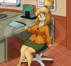 animal_crossing anthro big_breasts book breasts calendar_(object) canid canine canis chair clothing diamond_grenadier domestic_dog female furniture hi_res isabelle_(animal_crossing) mammal nintendo office office_chair sitting solo sweater topwear watermark