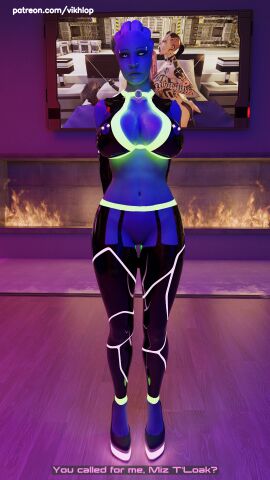 3d alien alien_humanoid aria_t'loak asari_futa balls blender comic comic_page english english_text futanari huge_balls huge_cock intersex latex_clothing liara_t'soni mass_effect no_nut_november penis tease vikhlop