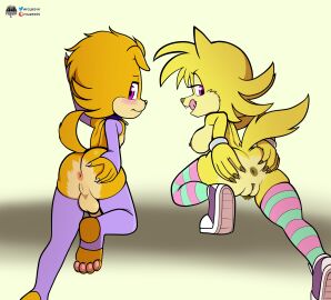 anthro anus armwear artie_the_dog ass balls both_sexes_in_same_situation breasts canid canine canis clothing collar domestic_dog duo elbow_gloves ellie_the_wolf fan_character female femboy footwear fours_(artist) genitals gloves handwear hi_res legwear licking licking_lips male mammal mostly_nude orange_body penis presenting presenting_hindquarters pubes purple_eyes pussy sega shoes sonic_(series) sonic_the_hedgehog_(series) spread_ass spread_butt spreading thigh_highs tongue wolf wristband yellow_body