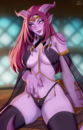 1girls black_thighhighs blizzard_entertainment draenei female female_only freckles hi_res horns lip_ring long_hair looking_at_viewer maewix1 panties pink_skin pubic_hair_peek purple_hair purple_sclera sitting skimpy skimpy_clothes smiling smiling_at_viewer solo thighhighs warcraft white_eyes world_of_warcraft zaria_(ashzari)