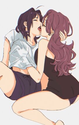 2girls ahoge black_dress blush breast_grab breast_press breasts chizuru_mori closed_eyes color earrings emma_torikai female french_kiss groping groping_breasts hand_on_another's_head hand_under_clothes highres kissing kneeling lace-trimmed_panties lace_trim lipstick long_hair magenta_hair mostly_clothed original panties pi-ko purple_hair purple_panties short_hair shorts sitting slight_blush spread_legs white_background white_shirt yuri