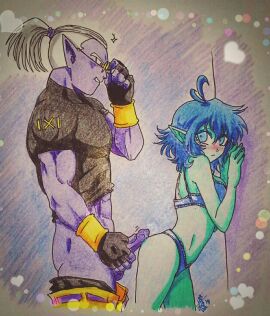 1boy 1girls against_wall aqua_skin colored_pencil_(artwork) demon demon_boy dragon_ball dragon_ball_xenoverse erect_penis erection female fu_(dragon_ball) glasses heart height_difference imminent_penetration imminent_sex male muscular muscular_male naughtysena oc oc_x_canon original_character partially_clothed penis pointy_ears straight traditional_media_(artwork) underwear