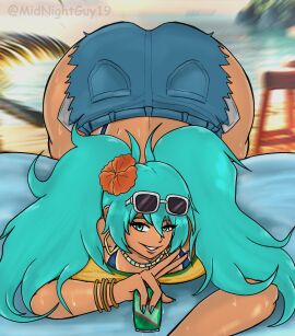 2d ass bare_midriff beach big_ass bikini bikini_tan blue_eyes bracelet brazil brazilian brazilian_female brazilian_miku breasts bubble_ass bubble_butt busty can cleavage crop_top earrings female female_focus female_only flower_in_hair hatsune_miku hourglass_figure long_hair midnightguy19 necklace outdoors outside pinup pinup_pose pose posing sunglasses_on_head sweat t-shirt tan tan_body tan_skin tanline thong thong_bikini turquoise_hair twintails v v_sign vocaloid wide_hips