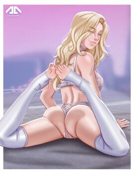 1girls 2024 abstract_background andava andavaverse arched_back artist_name ass back back_view barefoot bedroom_eyes blonde_hair blue_eyes bra breasts brianna_(andava) calves choker clothed clothed_female clothes clothing eyeshadow feet feet_together feet_up female female_human from_behind full_body genitals hair hi_res human knees_apart_feet_together labia legs_apart legwear light-skinned_female light_skin lingerie long_hair looking_at_viewer looking_back looking_back_at_viewer lying lying_on_stomach makeup medium_breasts on_stomach original original_character panties pose posing pussy rear_view seductive seductive_eyes seductive_look seductive_pose seductive_smile see-through see-through_clothing see-through_panties smile smiling smiling_at_viewer solo stirrup_legwear stockings thighhighs thighs thong toeless_legwear toes vagina white_legwear white_lingerie white_thong