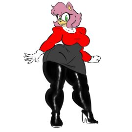 aged_up amy_rose ass bbw bearbuddies_(artist) big_ass big_breasts big_butt black_leggings breasts curvy_figure fat_rolls female green_eyes grey_skirt hedgehog high_heels hip_sway looking_at_viewer looking_to_the_side ms-prisma msprismatic pink_hair plus_size red_shirt slightly_chubby sonic_(series) sonic_the_hedgehog_(series) thick_calves thick_thighs white_gloves wide_hips