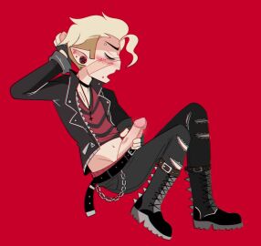 1boy 2d 2d_(artwork) blonde_hair blush closed_eyes clothed clothed_male clothed_masturbation clothing disney ear_piercing gay hunter_(the_owl_house) leather leather_jacket light-skinned_male light_skin male male_only masturbation penis pilledhunter punk red_clothing ripped_clothing scars solo the_owl_house