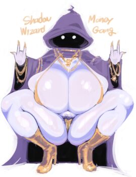 1girls 2025 alternate_breast_size big_breasts boots breasts breasts_bigger_than_head female gold_(metal) gold_jewelry grey_body grey_skin hooded hooded_robe large_breasts micro_bikini pubic_hair shadow_wizard_money_gang squatting thick_thighs white_background white_body white_skin wide_hips wizard wizard_robe zombieskick