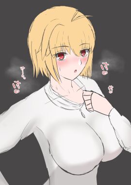 alternate_breast_size arcueid_brunestud big_breasts blonde_hair blush breasts breasts_bigger_than_head clothed female fukufukushinken heat huge_breasts large_breasts melty_blood necklace panting pulling_clothing red_eyes short_hair sound_effects steam steaming_body sweatdrop sweater sweating sweaty sweaty_body top_heavy tsukihime tsukihime_(remake) vampire vampire_girl