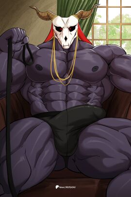 abs absurd_res anthro biceps big_muscles big_penis bone bulge clothing demon digital_media_(artwork) elias_ainsworth erection genitals hi_res horn looking_at_viewer male male_only monster muscles muscular muscular_anthro muscular_arms muscular_male muscular_thighs nipples pecs penis serratus simple_background sitting skull skull_head solo the_ancient_magus_bride triceps underwear vein wolfblack43