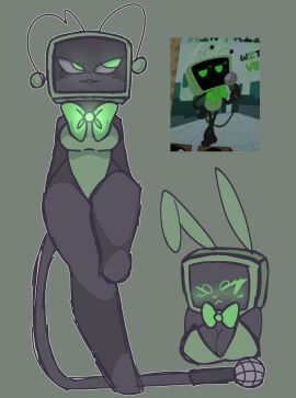 1girls antenna aoiizona black_body blush blush_crunch_studios blush_lines bunnysuit curvy_hips curvy_thighs dandy's_world female female_only first_porn_of_character gray_background green_bowtie green_bunnysuit green_eyes looking_away microphone microphone_tail reference_image roblox roblox_game self_upload solo solo_female tagme tail thighs tv_head tv_woman vee_(dandy's_world)