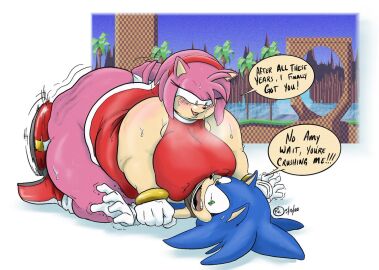 1boy 1girls amy_rose anthro ass bbw belly blue_hair blush blush_lines bracelet breasts crushing dress english_text eyelashes fat female female_focus femdom furry gloves green_eyes green_hill_zone hairband hedgehog hedgehog_humanoid hips large_ass large_breasts larger_female male on_top on_top_of_another overweight overweight_female panties pink_hair rchammer sega smaller_male sonic_(series) sonic_the_hedgehog sonic_the_hedgehog_(series) stomach sweat sweating sweaty_body text thick_thighs thighs underwear wide_hips