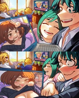 1boy 2koma all_might big_breasts blush_stickers boku_no_hero_academia breasts brown-haired_female brown_eyes brown_hair canon_couple convenient_censoring donald_trump embarrassed embarrassed_expression embarrassed_look embarrassed_male embarrassed_smile female flashing flashing_breasts green-haired_female green-haired_male green_hair himiko_toga if_they_mated inko_midoriya izuku_midoriya laptop lifted_by_self male midoriya_inko midoriya_izuku mineta_minoru minoru_mineta my_hero_academia naughty_face no_bra ochako_uraraka possession post-timeskip sweater sweater_lift toga_himiko tongue tongue_out toshinori_yagi uraraka_ochako video_call vlizz yagi_toshinori yellow_eyes