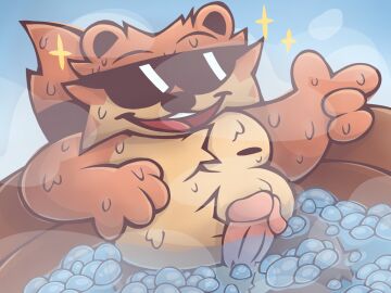 4:3 anthro bodily_fluids bubble eyewear genitals gesture glasses hand_gesture hi_res hot_tub justwatchingthings male mammal mo_(undertale_yellow) nipples nude only_male overweight overweight_male penis pointing procyonid raccoon smile solo sparkles steam sweat undertale_yellow