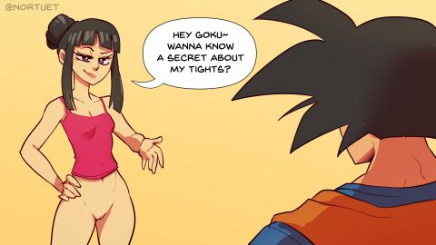 1boy artist_name bare_arms bare_shoulders black_hair bottomless breasts brown_hair chichi collarbone dragon_ball dragon_ball_z english_text female hair_bun highres husband_and_wife male navel nortuet pink_shirt pussy shirt simple_background single_hair_bun small_breasts son_goku speech_bubble spiked_hair tank_top