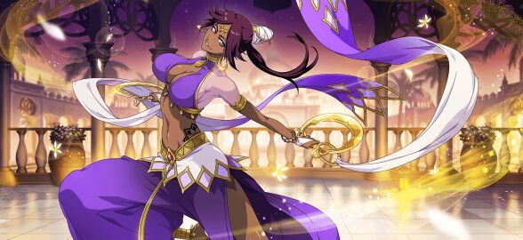 1girls amber_eyes arabian_clothes belly_dancer belly_dancer_outfit bleach bleach_brave_souls breasts cleavage dancer dancer_outfit dark-skinned_female dark_skin female harem_girl harem_outfit huge_breasts long_hair looking_at_viewer official_art purple_hair shihouin_yoruichi voluptuous