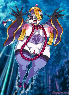 1girls anthro ass big_breasts breasts chopsticks clothing eltonpot female female_only furry jiangshi jiangshi_costume kicking kneehighs labia_piercing looking_away mammal martial_arts nipple_piercing nipples open_mouth panda pandora_(sexyfur) piercing purple_eyes pussy sexyfur sharp_fingernails slightly_chubby solo solo_female tail thick thick_ass thick_thighs ursine vagina