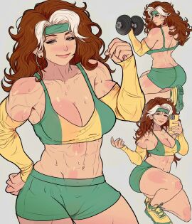 abs athletic athletic_female big_breasts breasts brown_hair cleavage female lifting_weights light-skinned_female light_skin looking_at_viewer marvel marvel_comics muscular muscular_female mutant_(marvel) rogue_(x-men) shorts sweat x-men yoracrab