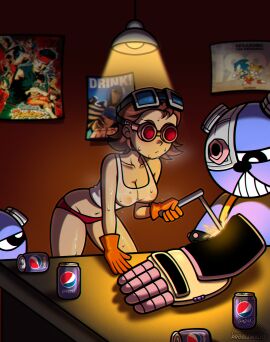 1girls artist_logo artist_name artist_signature belly bent_over blowtorch brown_hair ceiling_light commission commission_art commissioner_upload desk emi_(fighting_vipers) female fighting_vipers frown goggles goggles_on_face goggles_on_head headgear headwear mechanic mechanical_hand navel orange_gloves pepsi pepsiman poster_(object) problemall12 red_panties see-through_shirt sega shaded short_hair soda_can solo solo_female sonic_(series) sonic_the_hedgehog_(series) stomach sweat_clouds sweat_on_face sweat_on_thighs sweating sweaty technician teddy_bear virtua_fighter white_shirt