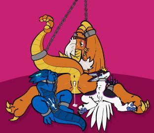 after_sex alonins_roseclaw animal_genitalia anthro avali avian blush bodily_fluids bondage bound breeding_slave chained chains cloaca cloacal collar cuff_(restraint) cum cum_in_cloaca cum_in_pussy cum_inside feathers female flat_chested genital_fluids genitals group hi_res horizontal_cloaca kobold lolori lying nude on_front pawpads princess_river_coluber pussy reptile restraints royalty scalie trio trout_(artist) winged_arms wings