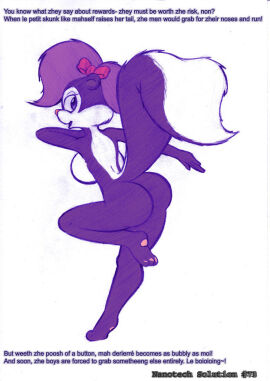 accessory advertisement anthro ass big_tail bow_ribbon breasts female fifi_la_fume fur hair hair_accessory hair_ribbon hairbow mammal mephitid nanobots norithics nude purple_body purple_fur raised_leg ribbons seth65_(character) short_hair side_boob skunk tail tiny_toon_adventures warner_brothers