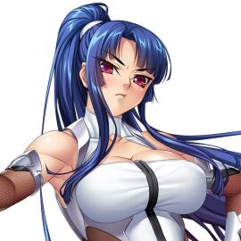 angry angry_face bare_shoulders battle_suit battlesuit big_breasts blue_hair bodysuit breast_window breasts cleavage_window color female female_focus female_only fishnet_gloves fringe fringe_hair game_cg gauntlets hair_on_breasts hair_over_breasts hair_tie kagami_hirotaka long_hair looking_at_viewer ponytail red_eyes sleeveless sleeveless_bodysuit taimanin_(series) taimanin_rpgx taimanin_suit tight_bodysuit tight_clothing upper_body white_background white_bodysuit yatsu_murasaki