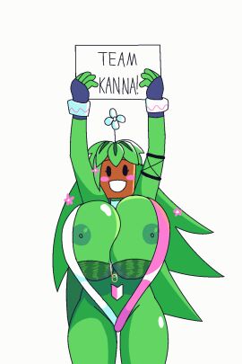 1girls accessory animated areolae armpits big_breasts black_eyes blaster_master blush blush_stickers bouncing_breasts breasts breasts_out crabgrassbb elemental_creature elemental_humanoid english_text eyelashes feet female female_humanoid female_only fingers flora_fauna flower front_view green_body green_nipples green_skin hair holding_object huge_breasts humanoid kanna_(blaster_master) leaf leaf_hair looking_at_viewer navel nipples open_mouth open_smile plant plant_hair plant_humanoid pseudo_hair shaded simple_eyes smile solo solo_female swimsuit tail text thick_thighs white_flower wide_hips