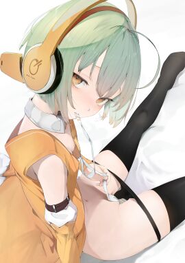 breasts chunithm convenient_censorship covered_pussy female from_above kurante looking_back pants_down performai petite pussy ribbon_in_mouth sky_feather slender slender_body small_breasts thighs