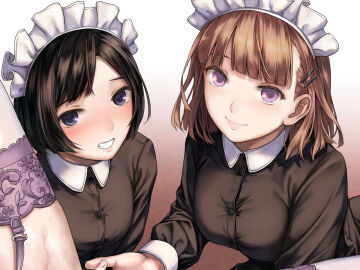 3girls black_dress black_eyes black_hair blush brown_hair collared_dress commentary_request dress female female_pov fff_threesome fingering group_sex highres indoors long_sleeves maid maid_headdress medium_hair multiple_females multiple_girls open_mouth original pov purple_eyes purple_thighhighs pussy pussy_juice smile spread_legs takekawa_shin thighhighs threesome yuri