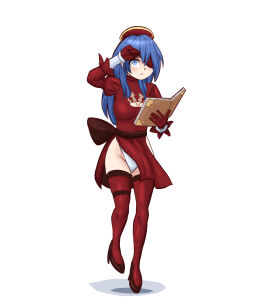 1girls blue_eyes blue_hair book commission commissioner_upload eyes_covered female fire_emblem fire_emblem:_the_binding_blade fire_emblem_heroes gloves hat legwear leotard lilina_(fire_emblem) long_hair magical_girl markustercero nier:_automata outfit_swap red_dress skirt thighhighs white_leotard yorha_2b_(cosplay)