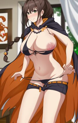 1girls abirdeer bikini bikini_bottom_aside blush breasts breasts_out brown_hair cape clothing_aside curtains female green_eyes hair_between_eyes jewelry long_hair looking_at_viewer necklace nipples panties panty_pull ponytail re:zero_kara_hajimeru_isekai_seikatsu red_pupils scorpion scorpion_tail shaula_(re:zero) short_shorts shorts smile swimsuit tail thick_thighs thighs tree underwear undressing wide_hips window
