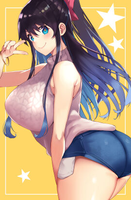 1girls absurd_res arm_between_legs ass bare_shoulders big_breasts blue_eyes blue_shorts blush bow breasts closed_mouth cowboy_shot curvy facing_away female gluteal_fold hair_between_eyes hairbow hand_up hi_res leaning_forward leaning_to_the_side long_hair looking_at_viewer looking_to_the_side mole mole_on_breast mole_on_thigh original pink_bow ponytail short_shorts shorts sidelocks simple_background sleeveless sleeveless_turtleneck smile solo star-shaped_pupils star_(symbol) sweater symbol-shaped_pupils thick_thighs thighs turtleneck turtleneck_sweater twisted_torso udon_(udonalium) white_sweater yellow_background