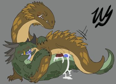 animal_genitalia animal_penis blue_tongue blush bodily_fluids brown_body brown_scales claws cloaca cloacal cloacal_penetration cloacal_penis closed_eyes cum cum_inside cum_while_penetrated digital_drawing_(artwork) digital_media_(artwork) double_penetration dragon duo ejaculation erection feral genital_fluids genital_slit genitals gold_(metal) gold_tooth green_body hi_res holding_another horn knot leaking_cum lindwurm looking_pleasured male male/male male_penetrated male_penetrating multicolored_body mythological_creature mythological_scalie mythology nasal_horn open_mouth orgasm penetration penile penis reptile scales scalie scutes sex signature simple_background spikes spikes_(anatomy) tail tapering_penis teeth tongue tongue_out two-tone_body wyrmling_(artist)