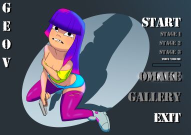 1girls areola_slip areolae artist_name athletic athletic_female bangs blunt_bangs breasts busty cleavage crossover english_text female female_only full_body geov glitch_techs handgun hourglass_figure kneeling long_hair midriff miko_kubota parasite_in_city parody pistol purple_hair short_shorts small_breasts solo tagme thighhighs wariza weapon wide_hips