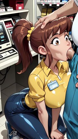 1boy 1boy1girl 1girl1boy 1girls 2d ai_generated ai_video animated big_breasts blowjob blue_jeans blue_pants blue_shoes breasts brown_eyes brown_hair clerk_girl_(teen_titans) dc dc_comics deepthroat fellatio female hand_on_head head_grab jiggle jiggling jiggling_breasts looking_at_another looking_at_partner looking_up minor_character munamauno name_tag no_sound on_knees ponytail tagme teen_titans throat_fuck ugly_bastard video yellow_shirt