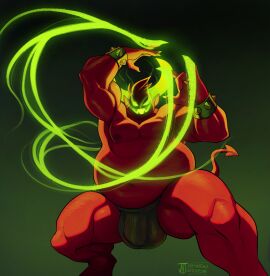 bracelet bulge bune_(lapinbeau) clothing curved_horn demon demon_humanoid fangs glowing glowing_eyes green_background hair hi_res horn humanoid humanoid_pointy_ears jewelry lapinbeau magic magic_user male male_only muscle_tone musclegut muscles muscular muscular_humanoid muscular_male open_mouth open_smile pecs red_body red_hair red_skin simple_background slightly_chubby slightly_chubby_humanoid slightly_chubby_male smile solo spade_tail spiked_bracelet spikes tail teeth thong underwear